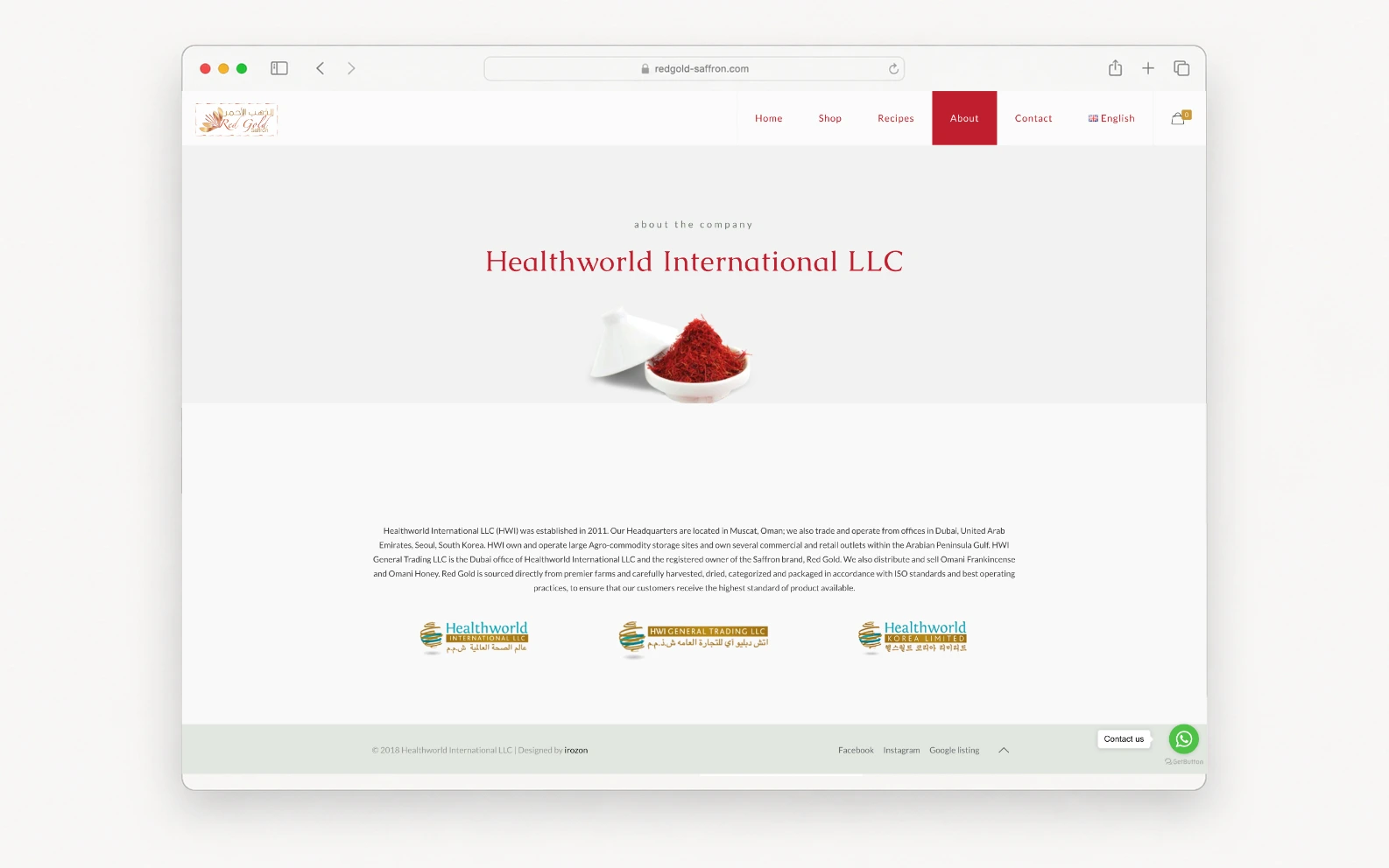 About page with Irozon credit in the footer